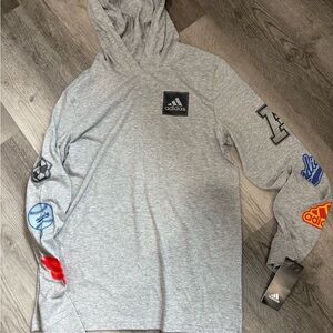 Adidas Light Gray Hoodie with Vibrant Sleeve Patches